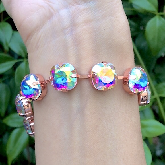 Aurora Borealis Cushion Cut Rose Gold Crystal Tennis Bracelet - Picture 4 of 7